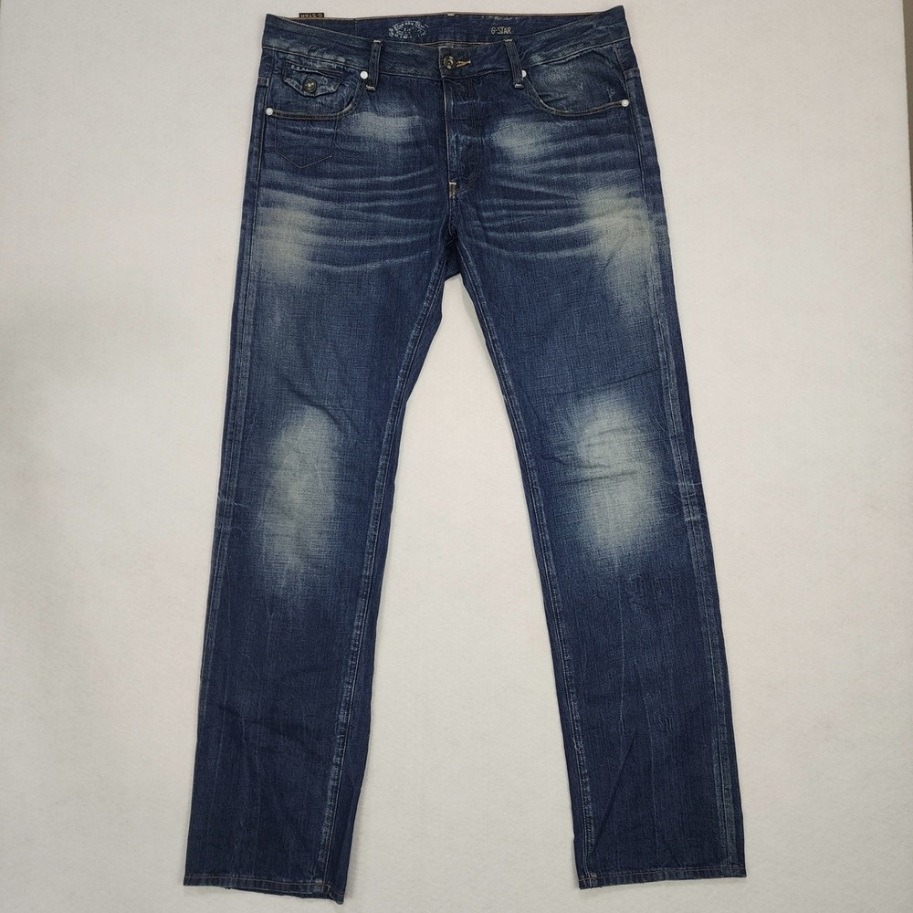 G-Star Raw Denim GS01 Jeans Mens 36x34 Blue Cotton Whiskered Detail Mid Rise